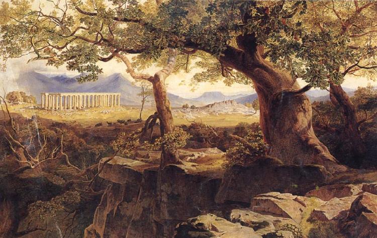 Lear, Edward The Temple of Bassae or Phigaleia,in Arcadia from the Oakwoods of Mount Cotylium.The Hills of Sparta,Ithome and Navarino in the Distance oil painting picture